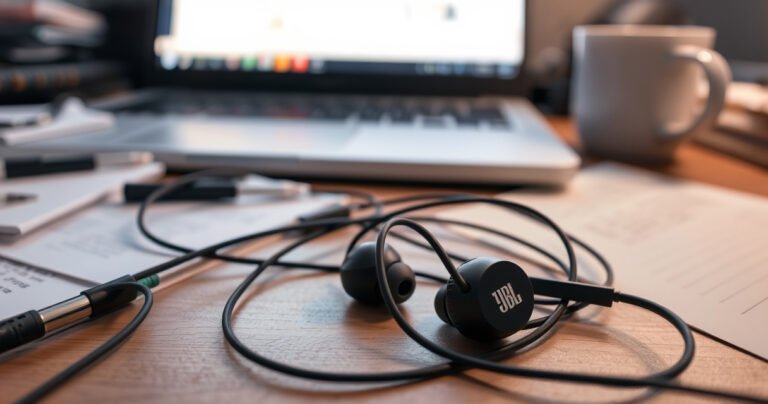 A close-up of a pair of sleek JBL earbuds resting on a cluttered desk, wires tangled with frustration, surrounded by scattered notes and a glowing laptop screen, the background softly blurred, highlighting a sense of confusion and annoyance, with a subtle hint of a coffee cup, symbolizing late-night troubleshooting.