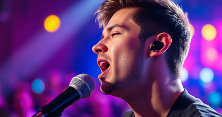 A close-up of a singer on stage, passionately performing, wearing sleek black earbuds. The background is a vibrant blur of concert lights and an enthusiastic crowd, capturing the energy of live music. The singer's face shows focus and emotion, with sound waves visually emanating from the earbuds, symbolizing connection and auditory clarity.