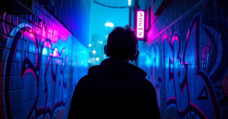 A mysterious figure, James Crumbley, stands in a dimly lit urban alley, wearing oversized earphones. Neon graffiti illuminates the walls around him, reflecting vibrant blues and pinks. He gazes thoughtfully at a distant city skyline, with soft rain falling, creating a reflective atmosphere that hints at secrets and solitude amidst the bustling nightlife.