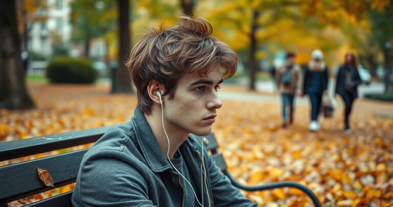 A thoughtful young man with tousled hair, wearing stylish earphones, sits on a park bench surrounded by vibrant autumn leaves. His focused expression suggests deep concentration as he listens to an unseen source of inspiration. In the background, blurred figures stroll by, capturing the essence of solitude amidst a bustling world.