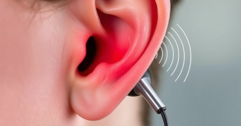 A close-up of a human ear with bright red inflammation, surrounded by sleek, modern earbuds. The background is softly blurred, highlighting the ear's intricate details, while the earbuds glisten with a metallic sheen. Subtle sound waves ripple in the air, symbolizing discomfort and connection, evoking a sense of curiosity and concern about ear health.