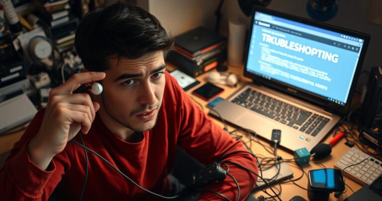 A frustrated person surrounded by tangled wires and scattered gadgets, holding a wireless earbud in one hand, their expression a mix of confusion and annoyance. In the background, a chaotic desk filled with tech clutter, while a glowing laptop screen displays troubleshooting steps, illuminated by soft, ambient lighting that hints at late-night tech struggles.