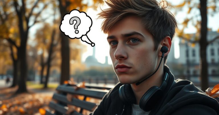 A close-up of a pensive young man with tousled hair and a curious expression, wearing sleek headphones. He sits on a park bench surrounded by autumn leaves, with a blurred cityscape in the background. Sunlight filters through the trees, casting dappled shadows, as a thought bubble forms above his head with question marks and gears, symbolizing deep contemplation.