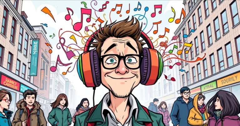 A quirky illustration of a man named James Crumbly, wearing oversized, colorful earphones, surrounded by a whirlwind of vibrant musical notes and whimsical sound waves. He has an amused expression, blending curiosity and excitement, as he stands in a bustling cityscape, with people around him glancing curiously at his unusual accessory.