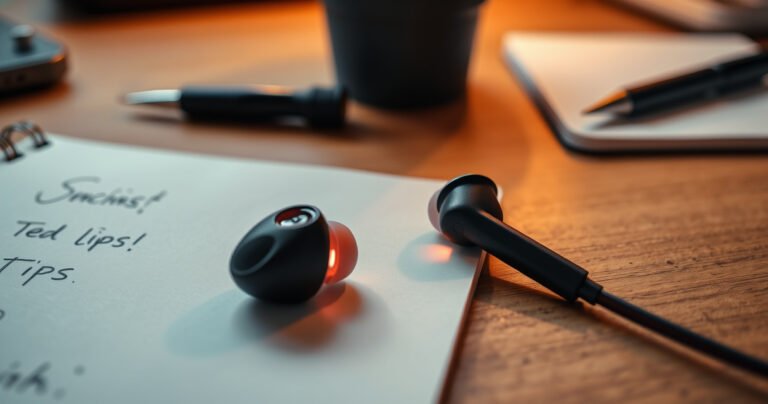 A close-up of a pair of stylish earbuds lying on a wooden desk, one earbud glowing subtly to indicate a problem, surrounded by tiny tools, a notepad with scribbled tips, and a small potted plant, all illuminated by warm, soft lighting to evoke a sense of curiosity and creativity.