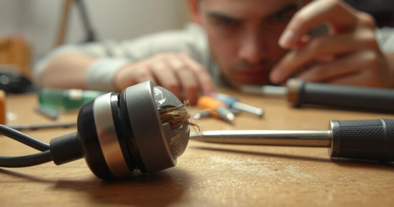 A close-up view of a broken earphone with a frayed wire, surrounded by scattered tools like a screwdriver and soldering iron. In the background, a worried person examines the earphone, highlighting a mix of curiosity and frustration. Soft, warm lighting casts a glow on the scene, evoking a sense of problem-solving.