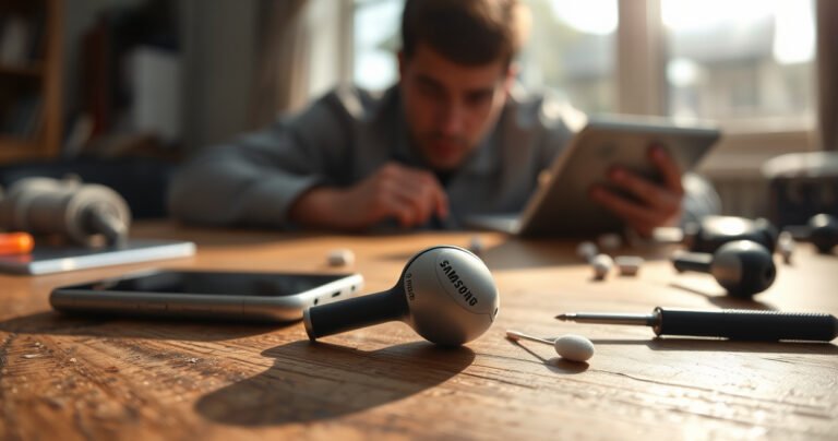 A close-up of a left Samsung earbud lying on a wooden table, surrounded by scattered tools like a tiny screwdriver and cotton swabs, with a blurred background showing a frustrated person examining their device. Soft sunlight filters through a nearby window, creating a warm yet tense atmosphere, symbolizing the struggle of troubleshooting tech issues.