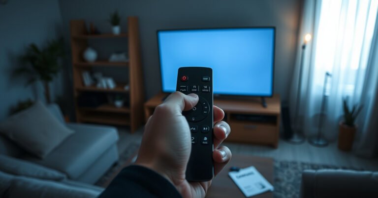 A close-up of a frustrated person holding a Samsung Smart TV remote, surrounded by a cozy living room setting with a large TV displaying a static screen. Dim lighting creates a tense atmosphere, while scattered batteries and a manual hint at troubleshooting efforts, reflecting the challenge of technology in everyday life.