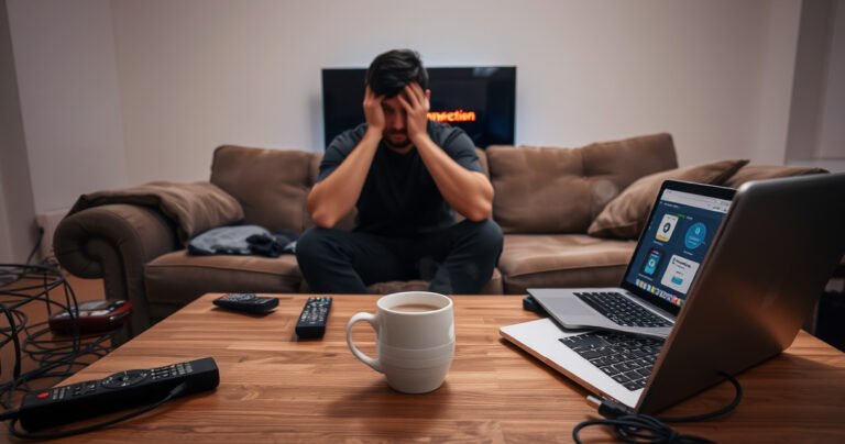 A frustrated person sitting on a couch, surrounded by remote controls, a glowing smart TV displaying a connection error, scattered cables and a laptop open with troubleshooting guides. Soft ambient lighting highlights the tension in the room, while a steaming cup of coffee sits abandoned on the table, symbolizing the struggle with technology.
