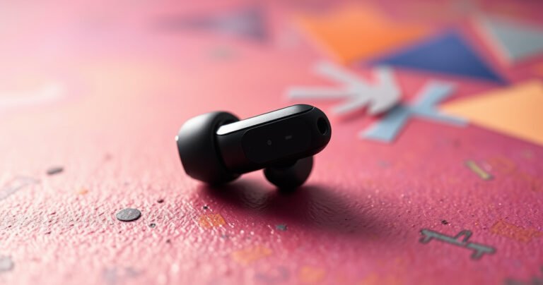 A close-up of a sleek, modern Bluetooth earbud resting on a vibrant, textured surface, with sound waves visually emanating from one side, illustrated in contrasting colors; a faint, soft glow highlights the earbud, while the background features abstract shapes symbolizing sound distortion and balance, evoking curiosity about audio dynamics and technology.