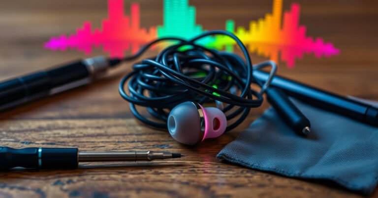 A close-up view of a vibrant, tangled pair of earbuds on a wooden table, with one earbud slightly elevated, showcasing a faint glow emanating from the quieter earbud. Surrounding them, scattered tools like a small screwdriver and a cleaning cloth are placed amidst colorful soundwave patterns, symbolizing sound balance and audio troubleshooting.