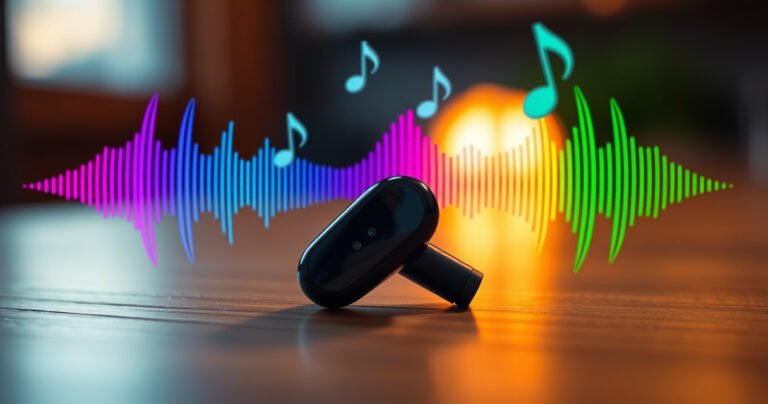 A close-up of a sleek wireless earbud resting on a wooden table, one side glowing softly while the other appears muted. Surrounding it are soundwaves visually pulsating in contrasting colors, symbolizing volume disparity. In the background, blurred music notes float, hinting at an auditory experience, with a warm, inviting light illuminating the scene.