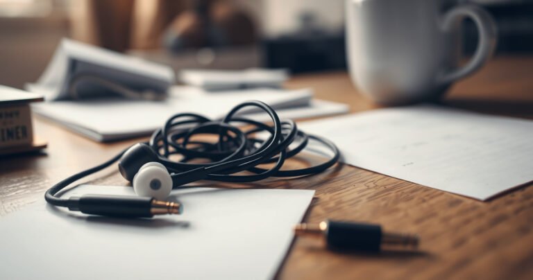 A close-up of a tangled pair of earphones on a wooden desk, one earbud shining brightly while the other lies in shadow. Surrounding them, scattered notes and a steaming coffee cup, with a soft, blurred background of a cozy room. The scene captures frustration and curiosity, inviting readers to explore the mystery of sound.