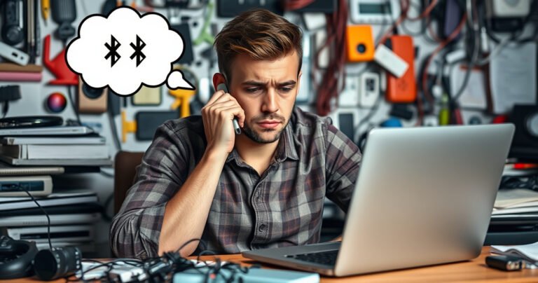 A frustrated person sitting at a cluttered desk, tangled wires and a laptop nearby, glancing at their Bluetooth earphones. A thought bubble shows a broken connection icon. The background features a colorful array of tech gadgets, emphasizing the chaos of modern connectivity issues. Soft, ambient lighting creates a relatable, engaging atmosphere.