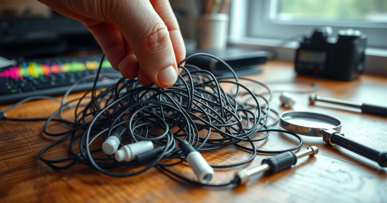 An intricate close-up of tangled earphone wires on a wooden desk, with colorful soundwave patterns emerging from the tangled mess. A frustrated person’s hand hovers over the earphones, surrounded by small tools like a screwdriver and a magnifying glass, symbolizing the quest for troubleshooting and repair. Soft natural light filters through a nearby window.