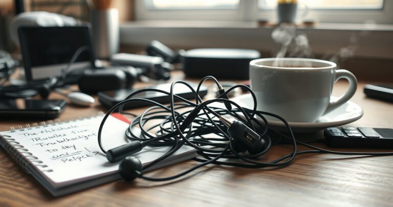 A close-up of tangled earphones on a wooden desk, surrounded by scattered tech gadgets and a notepad with scribbled troubleshooting notes. Soft morning light filters through a nearby window, illuminating dust particles in the air, creating a sense of frustration and discovery. A steaming cup of coffee sits beside the chaos, inviting quick solutions.