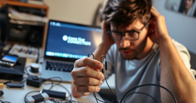 A close-up view of a frustrated person sitting at a cluttered desk, tangled wires and scattered gadgets around, holding a pair of sleek Bose earbuds. The background features a glowing laptop screen displaying a connection error message, with soft ambient light illuminating the scene, embodying the struggle of technology and connection issues.