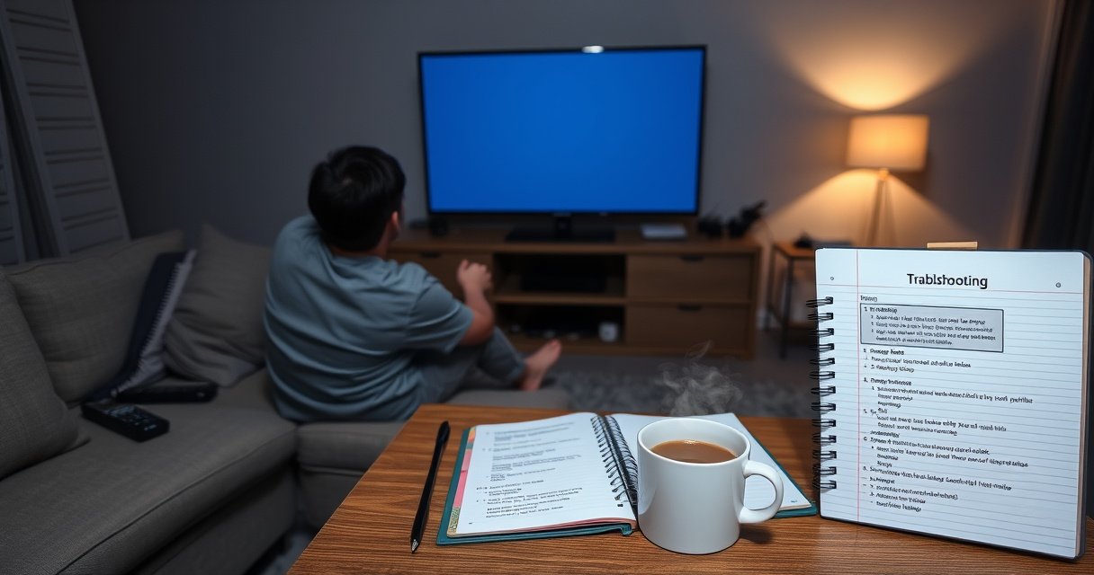 A frustrated person sitting on a couch, surrounded by various remote controls and gadgets, staring at a blank Smart TV screen. The room is dimly lit, with a glowing WiFi router in the background. A notebook with troubleshooting steps lies open on the coffee table, and a cup of coffee is steaming beside it.