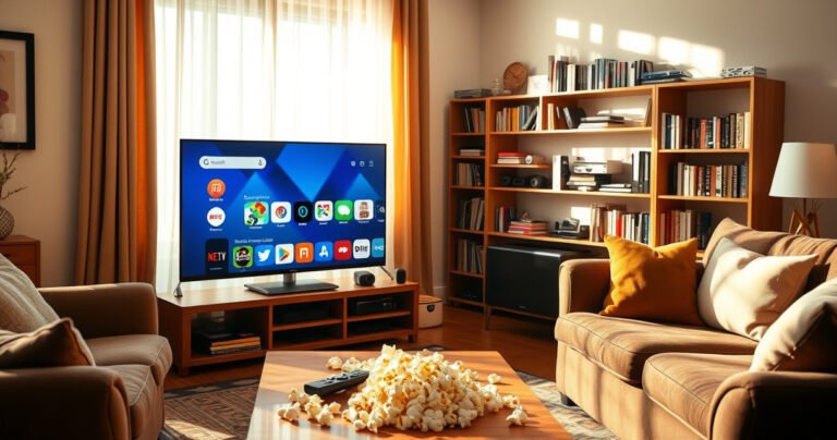 A cozy living room with a sleek smart TV displaying streaming apps, surrounded by comfy furniture. A coffee table is scattered with popcorn and a remote control. Sunlight filters through sheer curtains, casting warm shadows. In the background, a bookshelf filled with tech gadgets and books, symbolizing the blend of modern entertainment and comfort.
