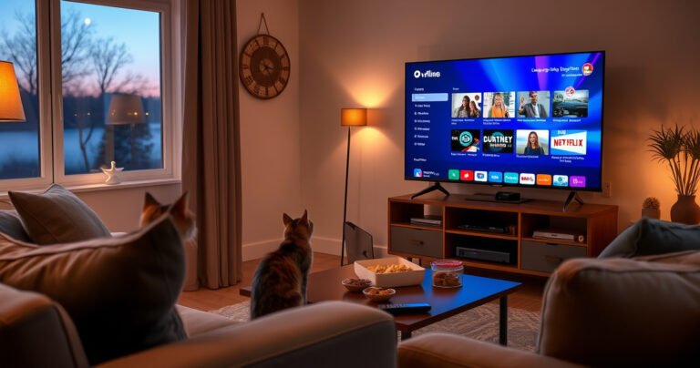 A cozy living room featuring a sleek smart TV displaying colorful offline content, surrounded by a comfortable sofa and warm lighting. A curious cat sits nearby, gazing at the screen, while a coffee table holds snacks and a remote. A window reveals a peaceful evening outside, with soft twilight hues casting a serene atmosphere.
