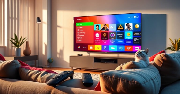 A sleek modern living room featuring a large smart TV displaying a colorful app menu, surrounded by various universal remotes. Soft ambient lighting casts gentle shadows, and a cozy sofa invites viewers in. Vibrant decor elements hint at technology and comfort, while a curious cat peeks from behind the sofa, adding a playful touch to the scene.