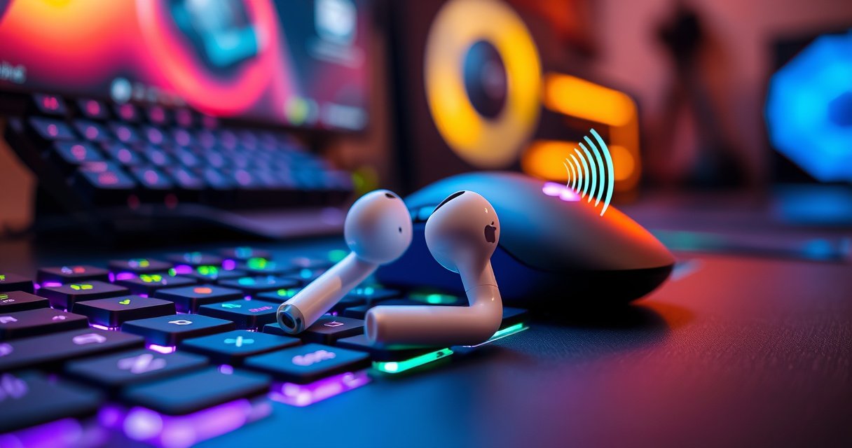 A close-up of sleek Apple earbuds resting on a vibrant gaming setup, surrounded by colorful RGB lighting from a high-tech gaming keyboard and mouse, with soundwaves visually emanating from the earbuds, and a blurred background of an intense gaming scene, illustrating the blend of style and performance in a modern gaming environment.