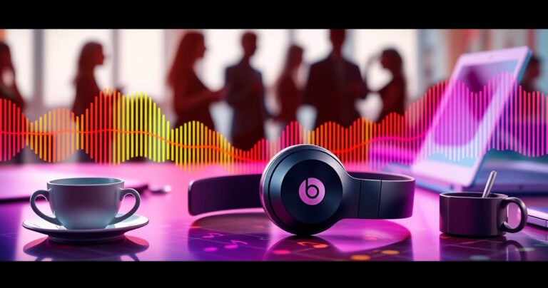 A sleek pair of Beats earphones rests on a vibrant, modern desk surrounded by colorful sound waves, music notes, and lifestyle elements like a coffee cup and a smartphone, evoking a sense of style and energy. The background features blurred silhouettes of people enjoying music, capturing the essence of sound and connectivity.