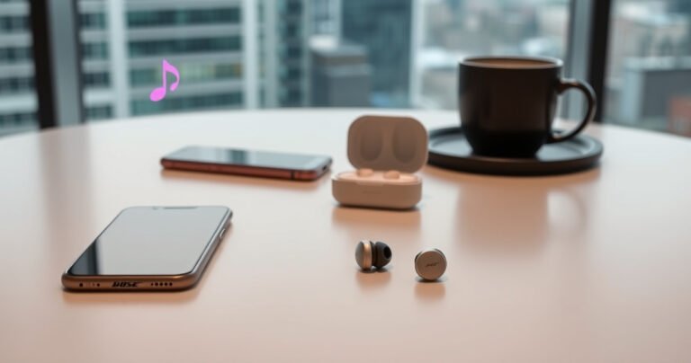 A sleek table set with Bose earbuds and AirPods, surrounded by contrasting elements of modern technology: a minimalist smartphone, a vibrant music note design in the background, and a cozy coffee cup. Soft lighting highlights the earbuds, emphasizing their design and features, while a blurred cityscape outside the window suggests a lifestyle of connectivity and sound.