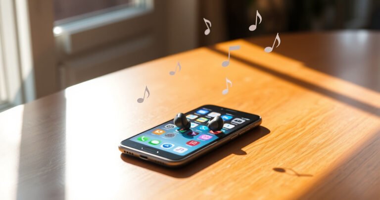 A sleek pair of Bose earbuds rests on a polished wooden table, surrounded by an iPhone displaying vibrant app icons. Sunlight streams through a nearby window, casting soft shadows. The scene conveys a modern, tech-savvy lifestyle, with subtle hints of music notes floating in the air, symbolizing seamless compatibility and auditory bliss.