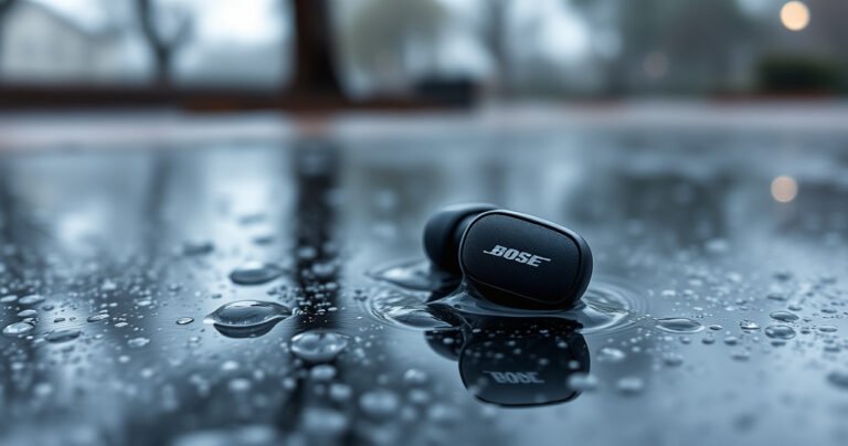 A close-up of sleek Bose QuietComfort earbuds resting on a glistening wet surface, droplets of water cascading off, with a blurred background depicting a serene, rain-soaked park. Soft, diffused light highlights the earbuds' elegant design, while a hint of mist creates an atmosphere of tranquility and innovation, emphasizing their potential waterproof capabilities.