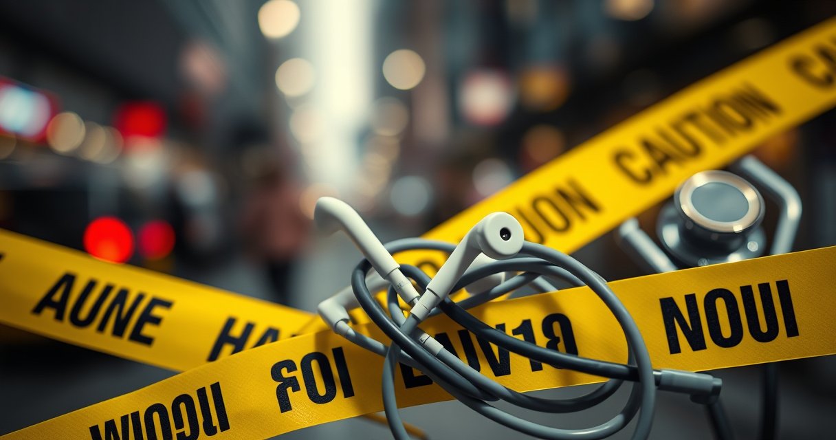 A close-up of a pair of sleek, white earbuds tangled in a caution tape, surrounded by medical symbols like a stethoscope and heartbeat monitor. Soft focus on a blurred background of urban noise, highlighting the contrast between modern sound technology and potential health risks, with a warm, inviting light illuminating the scene.