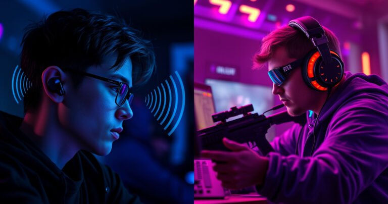 A split scene showcasing a gamer immersed in action: on one side, a player wearing sleek earbuds, focused, with sound waves visualizing immersive audio; on the other, a player sporting large, colorful headphones, surrounded by a vibrant gaming setup, capturing the intensity and excitement of FPS games, illuminated by neon lights and dynamic visuals.