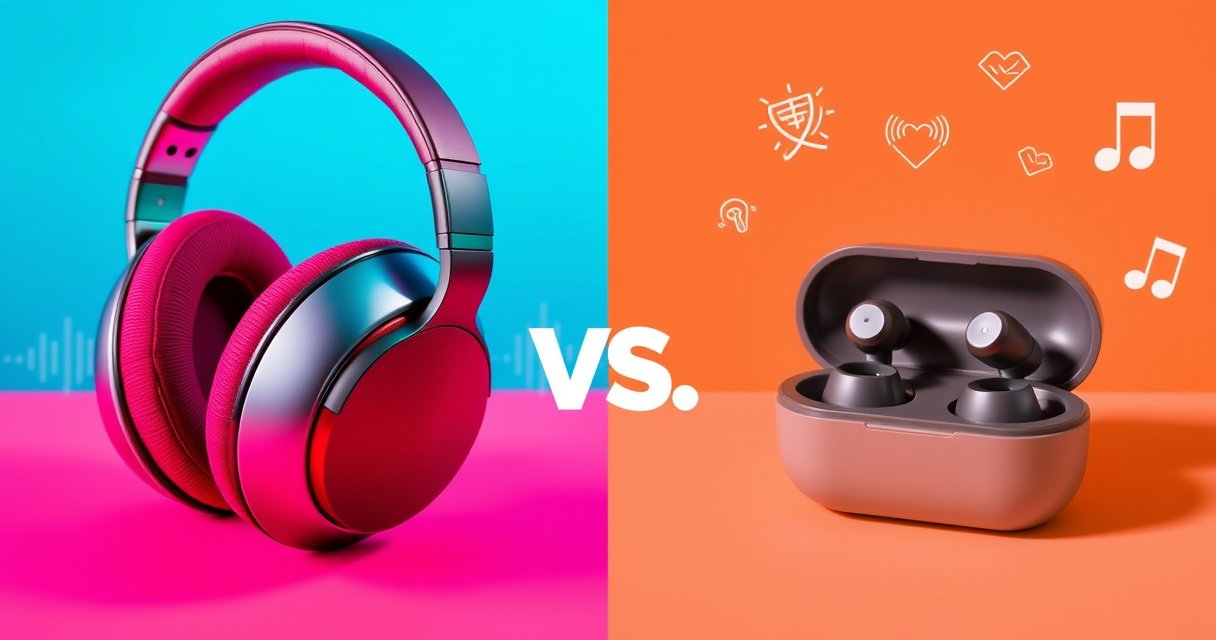 A split image showcasing a sleek pair of over-ear headphones on one side, with soft padding and a vibrant color scheme, contrasting with minimalist, wireless earbuds on the other, nestled in an elegant charging case. Background elements include sound waves and icons representing health, music, and comfort, blending harmoniously to highlight the debate.