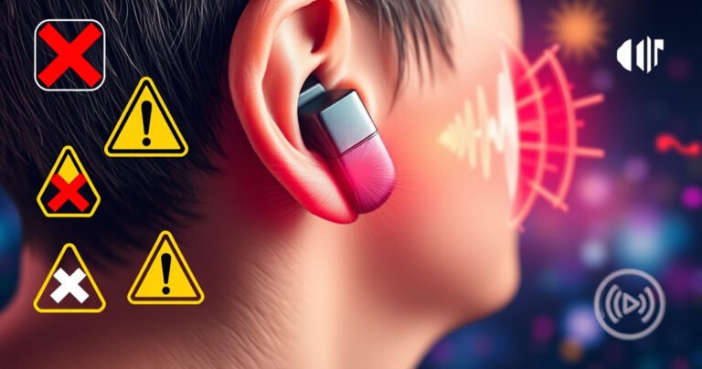 A close-up of a person wearing sleek, modern earphones, with vibrant sound waves emanating from them, surrounded by warning signs like red cross symbols and ear icons. In the background, a faded image of an ear with sound distortion effects, conveying the contrast between enjoyment and potential harm, all set against a dynamic, colorful backdrop.