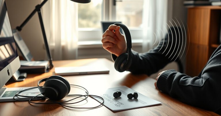A serene workspace with a person thoughtfully comparing a sleek pair of over-ear headphones and a set of compact earphones. Soft sunlight filters through a window, highlighting the contrast between the two devices on a wooden desk surrounded by health and safety guides, with a subtle emphasis on sound waves gently radiating around them.