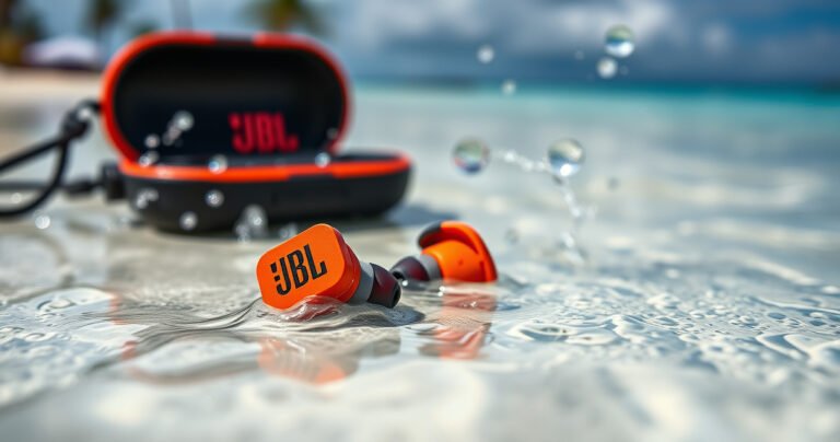 A close-up of vibrant JBL earbuds resting on a wet surface, glistening with droplets of water, surrounded by splashes and ripples. In the background, hints of a tropical beach setting evoke a sense of adventure, while a stylish waterproof case adds an element of intrigue, emphasizing durability and style in an aquatic environment.
