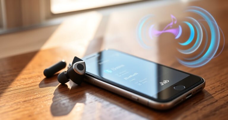 A close-up of sleek JLab earbuds resting on a polished wooden surface, with an iPhone elegantly displaying the Bluetooth settings screen nearby. Soft, warm natural light filters through a window, casting gentle shadows, while vibrant sound waves in the background swirl around, symbolizing connectivity and audio quality.
