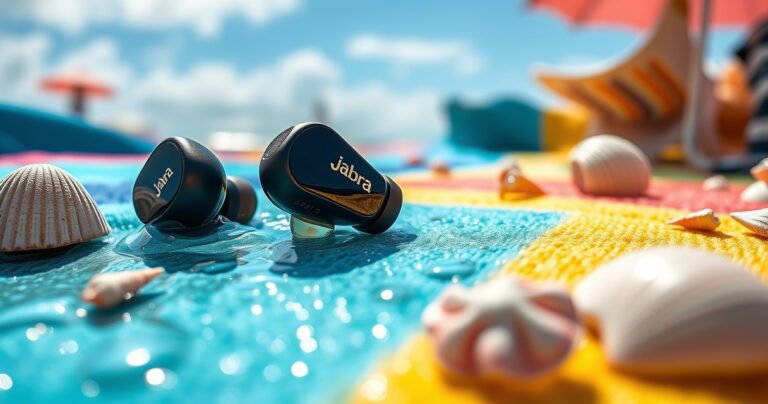 A close-up of sleek Jabra earbuds resting on a wet, colorful beach towel, glistening with droplets of water, surrounded by seashells and a sunny beach scene in the background, showcasing the combination of technology and nature. The image captures a sense of adventure, hinting at waterproof features amidst vibrant summer hues.