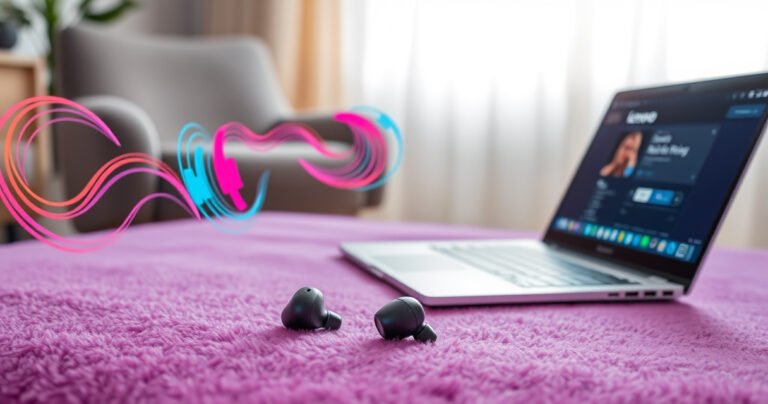 A sleek pair of Lenovo earbuds rests on a plush, vibrant surface, surrounded by sound waves illustrated in colorful swirls. Nearby, an open laptop displays a music playlist, while a soft, inviting light highlights the earbuds' glossy finish, emphasizing their modern design. A comfortable, stylish chair sits in the background, suggesting an immersive audio experience.