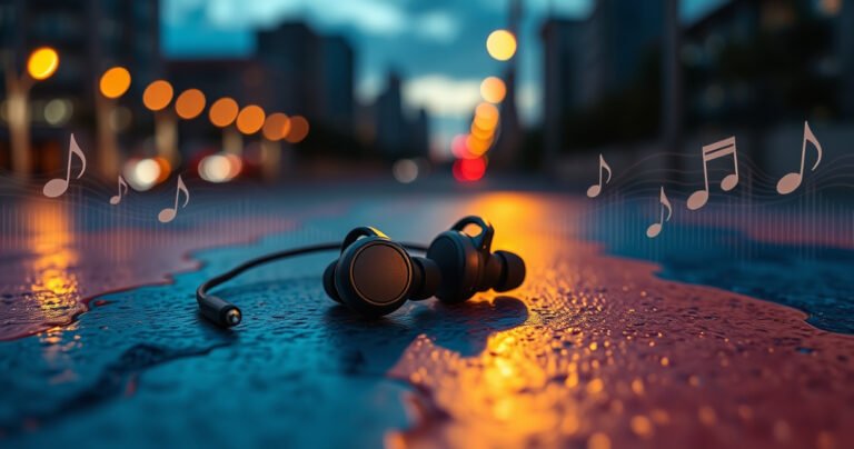 A stylish pair of Raycon earbuds resting on a vibrant, textured surface, surrounded by soundwave patterns and musical notes. The background shows a blurred cityscape at dusk, hinting at an active lifestyle. Soft ambient lighting highlights the earbuds' sleek design, while subtle motion lines suggest dynamic sound and immersive audio experience.