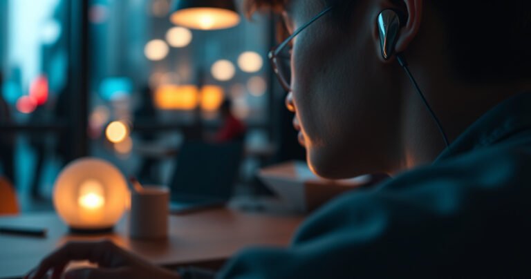 A close-up of sleek Raycon earbuds nestled in a cozy, modern workspace, surrounded by soft ambient lighting. In the background, blurred silhouettes of city noise and commotion contrast with the peaceful focus of a person wearing the earbuds, immersed in a world of silence and music, showcasing the essence of noise-cancelling technology.