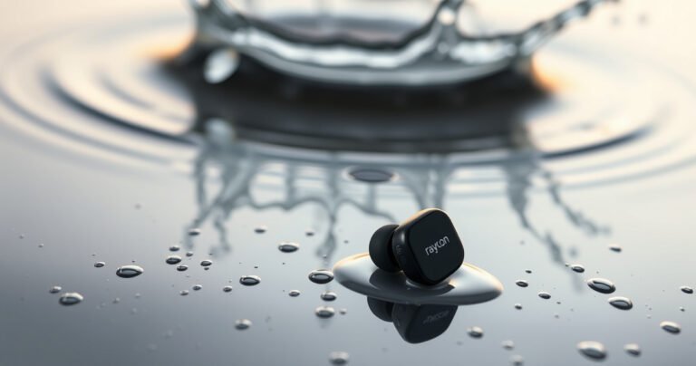 A close-up of stylish Raycon Everyday Earbuds resting on a slick, wet surface, droplets glistening under soft, ambient lighting. In the background, a blurred splash of water creates a dynamic contrast, illustrating the concept of water resistance. Subtle waves ripple around the earbuds, emphasizing their sleek design and durability against moisture.