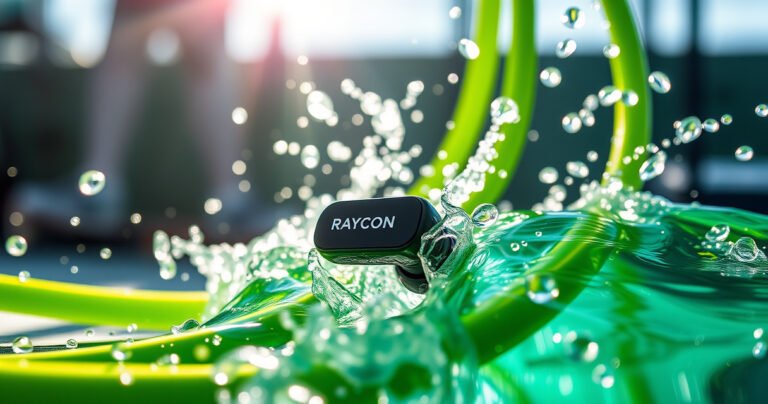 A close-up of sleek Raycon fitness earbuds partially submerged in shimmering water droplets, surrounded by vibrant green gym equipment. Sunlight glints off the water, creating a refreshing atmosphere, while a blurred background hints at an energetic workout scene. The earbuds exhibit a modern design, emphasizing their waterproof feature amidst the dynamic splashes of water.