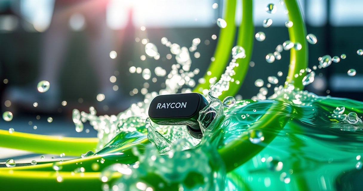 A close-up of sleek Raycon fitness earbuds partially submerged in shimmering water droplets, surrounded by vibrant green gym equipment. Sunlight glints off the water, creating a refreshing atmosphere, while a blurred background hints at an energetic workout scene. The earbuds exhibit a modern design, emphasizing their waterproof feature amidst the dynamic splashes of water.