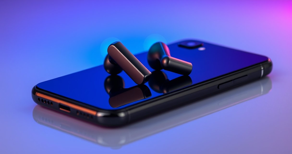 A sleek pair of Samsung earbuds elegantly resting on a glossy black iPhone, surrounded by vibrant sound waves in bright colors. The background features a soft gradient of blues and purples, evoking a modern tech vibe. Subtle reflections on the phone's surface enhance the scene, suggesting harmony and compatibility between the devices.