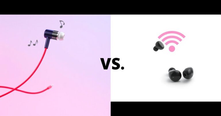 A split image showcasing a sleek pair of wired earphones with vibrant red and blue cables on one side, contrasting with stylish wireless earbuds floating above a minimalist white background. Soft musical notes swirl around the wired earphones, while a glowing Wi-Fi symbol hovers near the wireless earbuds, illustrating the debate of sound quality versus convenience.