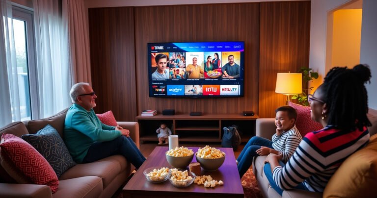 A cozy living room with a sleek smart TV displaying vibrant streaming content, surrounded by plush couches, colorful pillows, and a coffee table with popcorn and snacks. Soft ambient lighting creates a warm atmosphere, while family members engage happily, immersed in entertainment, showcasing the joy and convenience of smart streaming technology.
