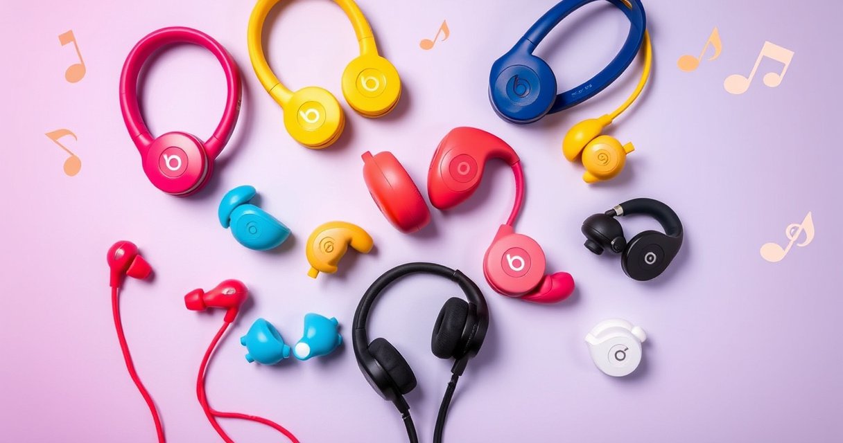 A vibrant flat lay of various Beats earphones in striking colors and sleek designs, surrounded by playful musical notes and dollar signs, set against a stylish, gradient background. Each pair is showcased with its unique features highlighted, creating an enticing visual that represents quality and style for every budget.