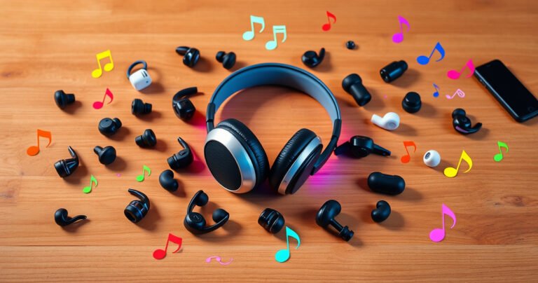 A vibrant flat lay of various sleek Bluetooth earphones scattered across a wooden table, surrounded by colorful music notes and sound waves, with a pair of stylish headphones resting in the center, all illuminated by soft, warm lighting, conveying a sense of rhythm and connectivity in a modern lifestyle.