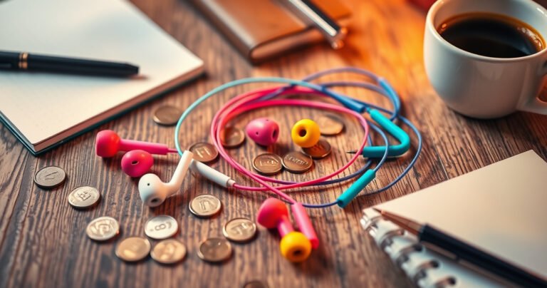 A vibrant flat lay of colorful, budget-friendly earphones scattered over a textured wooden surface, surrounded by coins and a coffee cup, with a notebook and pen nearby, all bathed in warm, inviting light to evoke a sense of affordable luxury and everyday enjoyment.